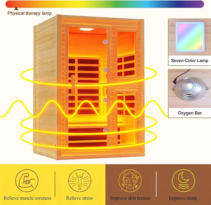 Far Infrared Sauna for 2 Person, Hemlock Wood Home Dry Sauna with Low EMF Fast Heating (1600W), Red Light Therapy & Chromotherapy, Built-in Bluetooth Speaker and Oxygen Ionizer for Indoor Relaxation