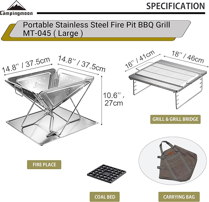 CAMPINGMOON 3-in-1 Portable Stainless Steel Wood Burning Grill and Fire Pit 16x18-inch with Carrying Bag MT-045
