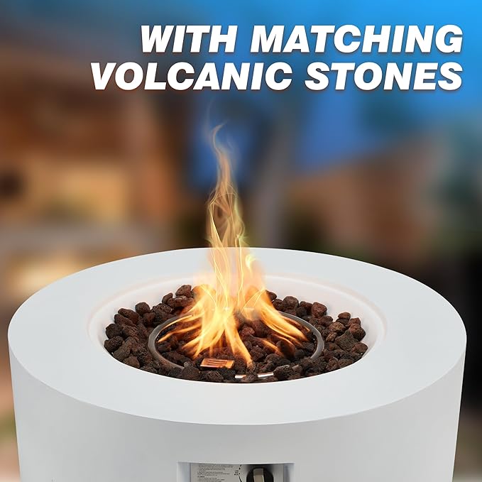 ECOTOUGE Round Propane Fire Pit, 30 Inch Outdoor Gas Fire Pit Table, Steel Fire Table w/50,000 BTU Auto-Ignition, Weather-Resistant Pit Cover, Lava Rocks, No Tank Holder, White