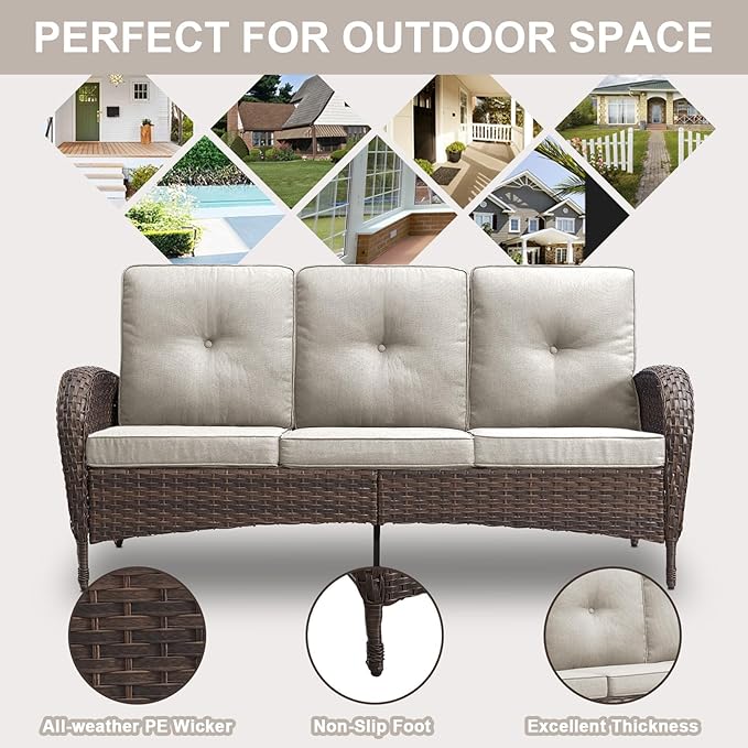 Belord Wicker Outdoor Furniture Set - 7 Piece Patio Conversation Sets with Comfort Swivel Rocker Glider Patio Chairs Set of 2 and Rattan Sofa, Tempered Glass Coffee Table and Side Table,Brown/Beige