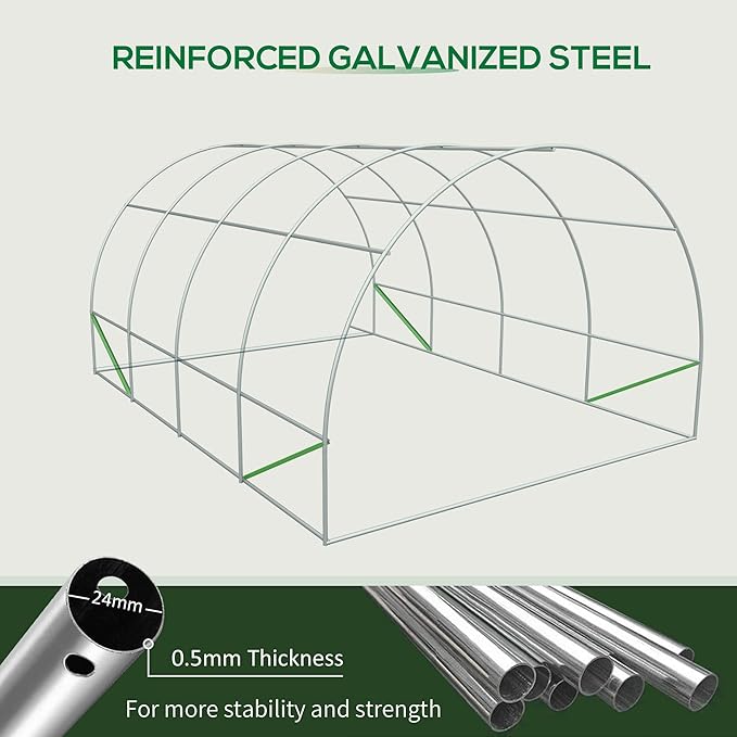 Outsunny 20' x 10' x 7' Walk-in Tunnel Greenhouse with Zippered Door & 8 Mesh Windows, Large Garden Green House Kit, Galvanized Steel Frame, White