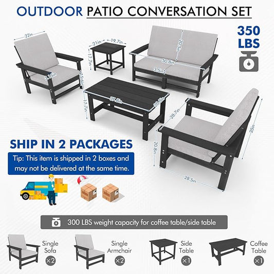 3-Piece HDPE Patio Furniture Set, All-Weather Outdoor Sectional Sofa Set with Coffee Table & Cushions - Wood-Like Composite Conversation Couch for Deck, Lawn, Balcony - Black Frame