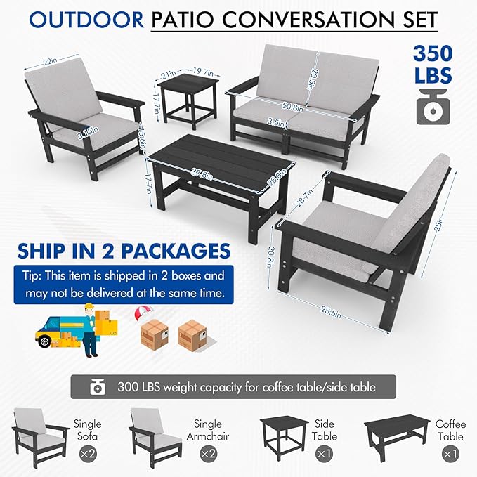 6-Piece HDPE Patio Furniture Set, All-Weather Outdoor Sectional Sofa Set w/Coffee Table+Side Table - Wood-Like Composite Conversation Couch for Deck, Lawn, Balcony - Black Frame with Cushion
