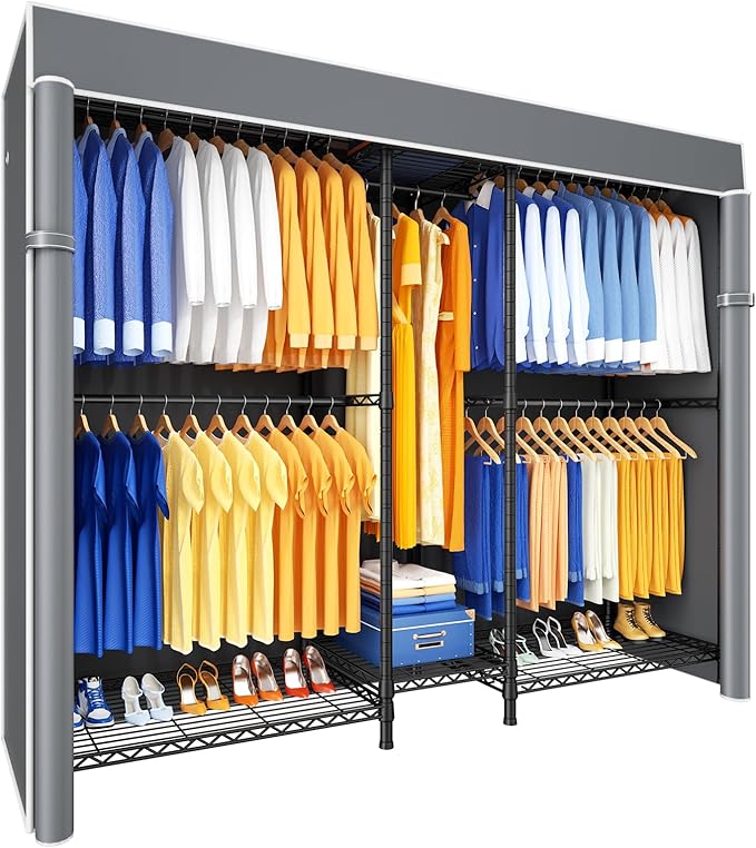 Ulif E12C Heavy Duty Closet Organizer System，Freestanding Clothing Racks for Hanging Clothes，Adjustable Garment Rack 71" W x 16" D x 76.5" H Hold 960 lbs，Black Clothing Rack with Grey Dustproof Cover