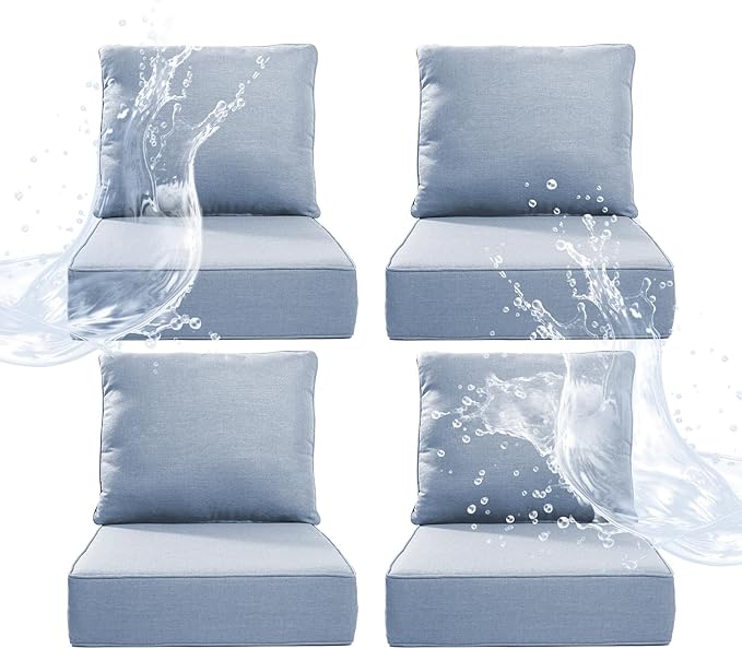 6" Thicker Outdoor Chair Cushion 4 Sets - 24" *24" *6" Waterproof Patio Furniture Cushions with Removable Cover, 28D High Density Sponge Filling Thicken Outdoor Patio Cushions - Baby Blue