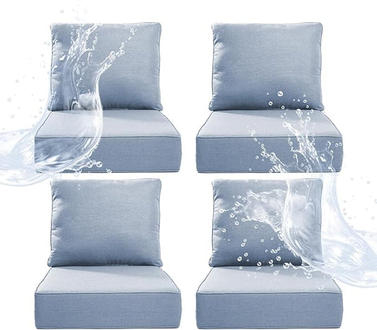 6" Thicker Outdoor Chair Cushion 4 Sets - 24" *24" *6" Waterproof Patio Furniture Cushions with Removable Cover, 28D High Density Sponge Filling Thicken Outdoor Patio Cushions - Baby Blue