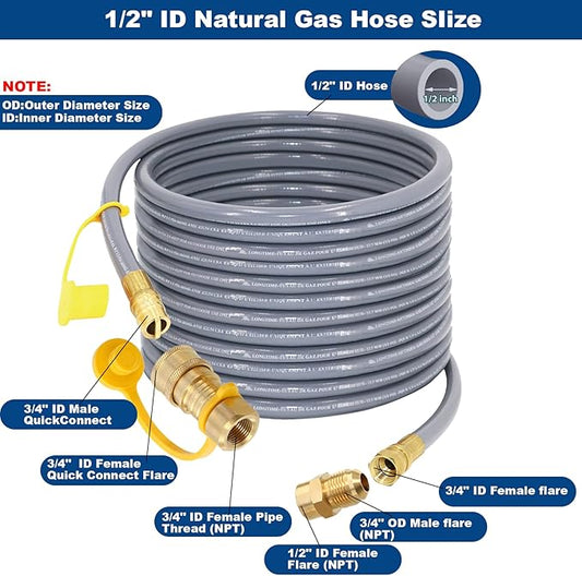 48 Feet 1/2-Inch ID Natural Gas Hose with Quick Connect Fitting for weber, charbroi, Grill, Pizza Oven, Patio Heater and More NG Appliance, Propane to Natural Gas Conversion Kit - CSA Certified