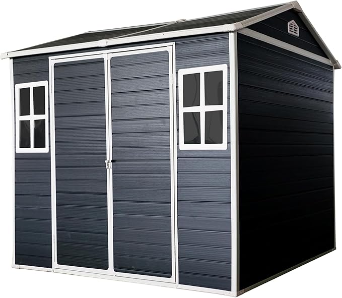 8x6 ft Outdoor Resin Storage Shed with Floor, Waterproof Plastic Garden Shed with Lockable Door and Two Windows, All-Weather Tool Sheds for Backyard, Patio, Lawn (Black)