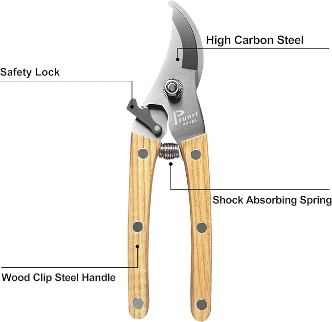Pruning Shears for Gardening - 7.5" Hand Pruners with High Carbon Steel Blade, 5/8" Cutting Capacity, Ergonomic Wood-Inlaid Steel Handles, Safety Lock & a Spring Included - Garden Clippers