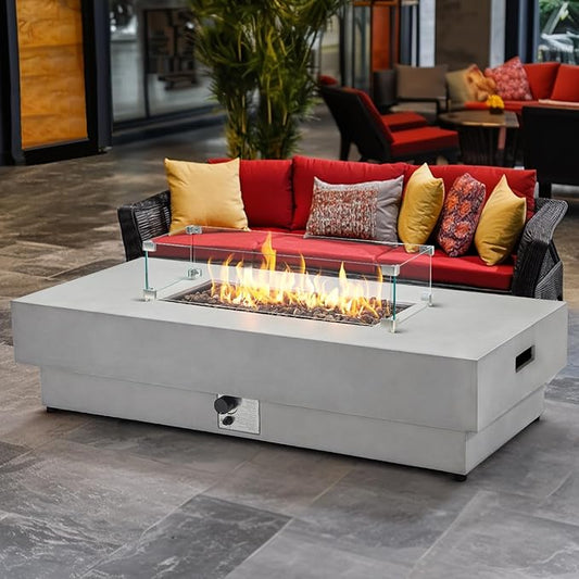 60 Inch Outdoor Propane Fire Pit Table with Wind Guard, 50,000 BTU Natural Gas Firepit for Outside Patio Rectangular Concrete Fire Table with Steel Lid, Lava Rock, Rain Cover