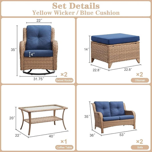 Belord Wicker Outdoor Furniture Patio Furniture Set - 6 Piece Patio Conversation Set with Swivel Rocker Chairs, Loveseat Sofa, Ottomans and Coffee Table, Blue Cushion