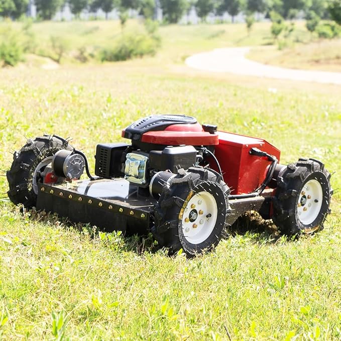 Lawn Mower, Remote Control Lawn, Small Crawler Oil-Electric Hybrid Four-Wheel Drive Lawn Mowing and Weed Whacker, All Terrain Grass Cutter Yard Mower, 30° Climbing (SKD-196-55)