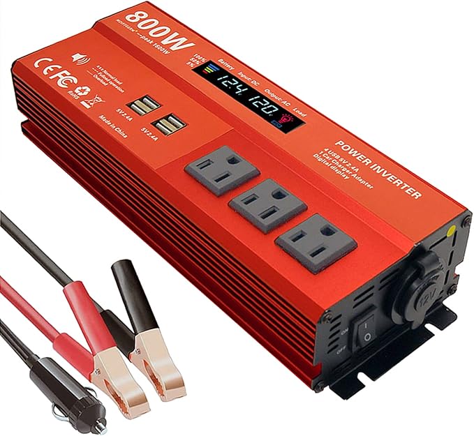 800W Peak 1600W Power inverters for Vehicles,Peak 1600 watt, Car 12V DC to 110V AC Converter 4x2.4A USB Ports Car Charger with 1 Cigarette Lighter Ports,LCD Digital Display