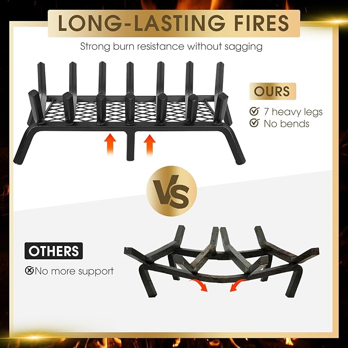 G GOOD GAIN Fireplace Grate with Ember Retainer, 26" Heavy Duty Steel Indoor, Chimney Hearth Wood Stove Rack Holder,1/2 Bar Fire Place Asseccories for Outdoor, Fire Pits, Camping.