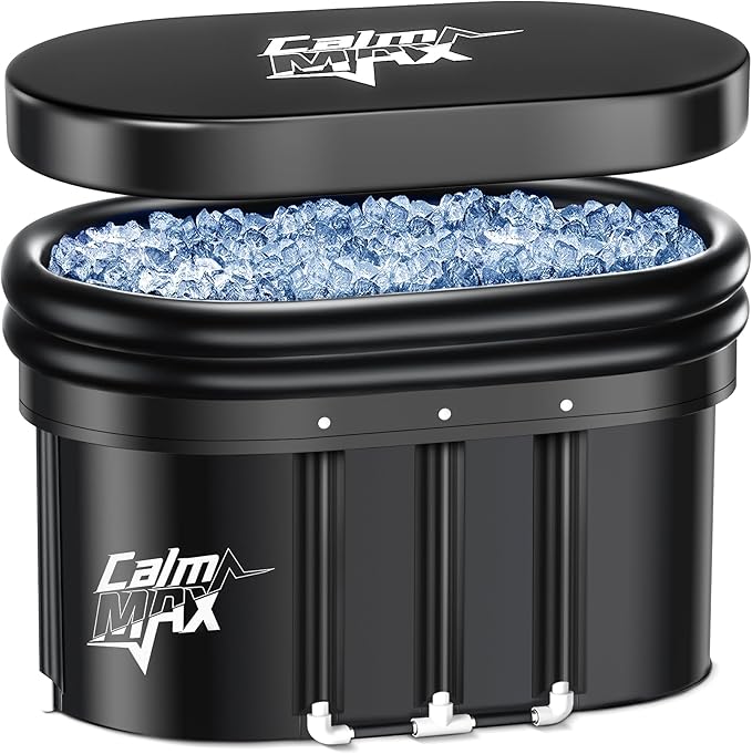 CalmMax Oval Ice Bath Tub with Double Inflatable Neck Rest Ring, Portable Cold Plunge with Cover, 140 Gal Cold Plunge Tub for Cold Water Therapy, XL Ice Baths at Home, Outdoor, Gym (IB004), Black