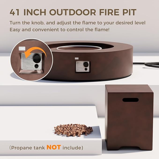SUNBURY Outdoor 42 Inch Propane Fire Pit Table,Dark Brown Patio Fire Table 50,000 BTU w 20 lbs Tank Cover, Waterproof Cover, Free Lava Rocks