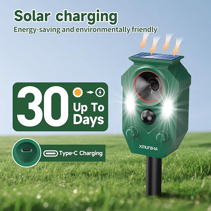 Solar Ultrasonic Animal Repellent Outdoor, Deer Repellent for Yard with RIP Sensor, IP65 Waterproof Squirrels Repeller, Effective Deterrent Cat, Raccoons, Skunks, Rabbits
