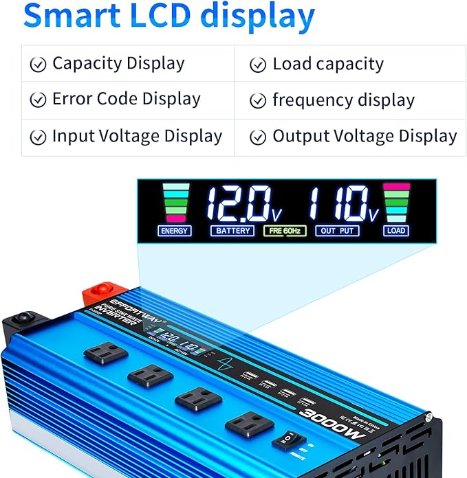 3000w Pure sine Wave Inverter DC 12V to AC 110V/120V Converter, 6000w (Peak) with LCD Display, Wireless/Wired Remote Control, 4AC outlets and 4USB.Ideal for Camping, RV Travel, Off-Grid Solar Systems