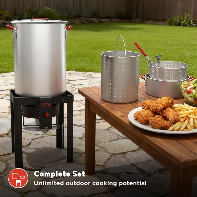 Megamaster 30QT Turkey Fryer and 10QT Fish Fryer Kit, Aluminum Fryer Steamer Kit with Basket and 50,000 BTU Burner, Outdoor Deep Fryer with 10 PSI Regulator for Turkey, Fish, Seafood - 840-45014