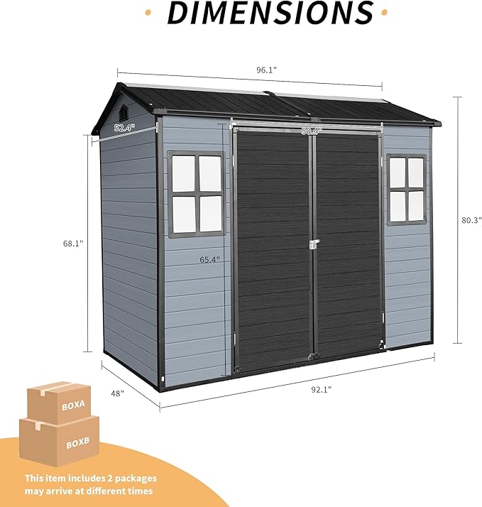 8x4FT Resin Outdoor Storage Shed with Floor and 2 Windows,Waterproof Plastic Sheds with Lockable Doors,Outside Garden Tools Sheds for Backyard Patio,Gay+Black