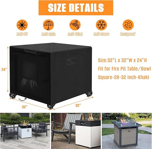 Kovshuiwe Porch Shield Fire Pit Cover Square-600D Fabric Waterproof and Resistant, Fits Outdoor For 28-32 Inch Fire Pit /Table Cover, Gas Fire Pit Cover-32"L x 32"W x 24"H, Black