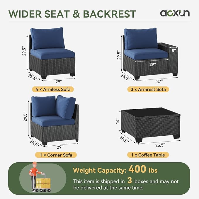 Aoxun Patio Furniture Set, 9 Pcs Outdoor Patio Furniture Sets with 4 in Thicken Cushion, Widen Armrests Wicker Outdoor Sectional for Backyard (Waterproof Cover Include)