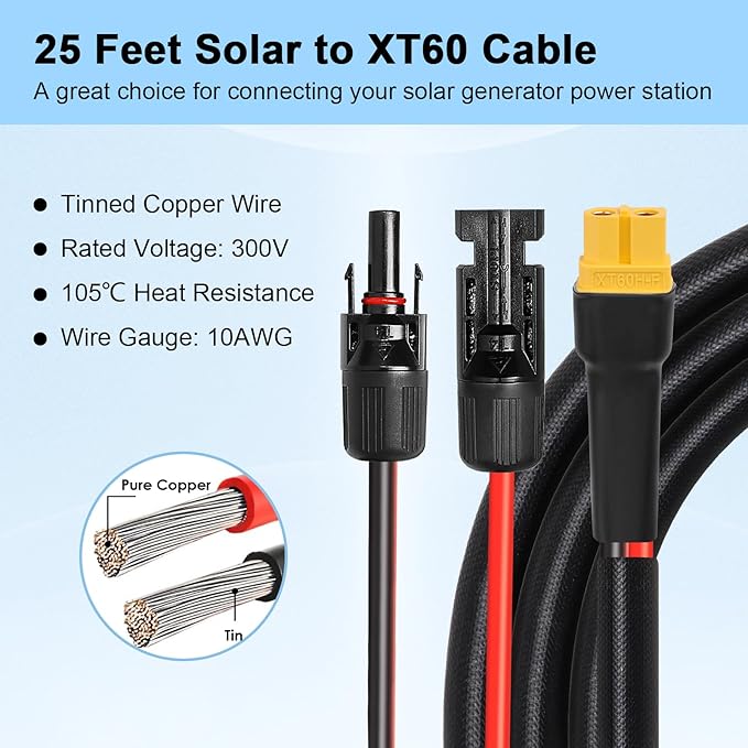 MOOKEERF Solar to XT60 Cable 10AWG 25FT Solar Connector to XT60 Adapter Cable for Solar Panel to Battery RV Portable Power Station Solar Generator - 25 Foot