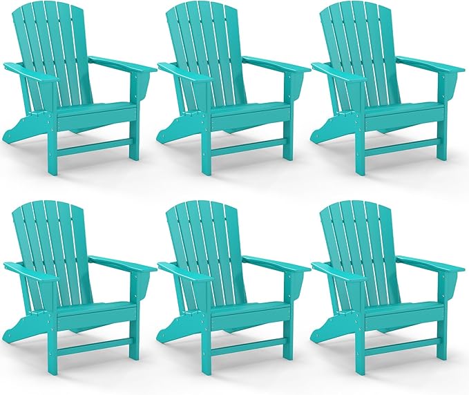 GREENVINES Adirondack Chairs Set of 6 | HDPE Plastic | Oversized Fire Pit Chair | All Weather | Aqua | Poly Lumber | for Outdoor Deck Backyard Patio Garden