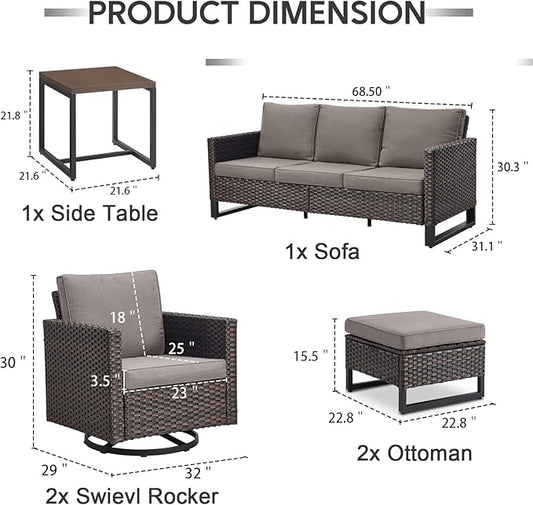 6 Piece Wicker Patio Furniture Set - Outdoor Swivel Rocker Chairs Set with Side Table, 3 Seat Sofa and Ottomans, Small Patio Conversation Sets Proch Furniture for Balcony Deck - Brown/Grey