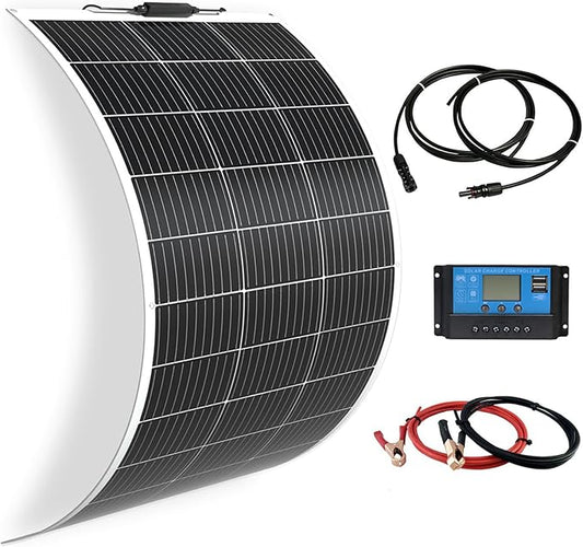Flexible Solar Panel kit 100W 12V, monocrystalline Solar Panel10A Charge Controller,Extension Cable,Y-Type Connector for Off Grid RV, Boat,Cabin,Home Uneven Surfaces (100W Solar KIT White)