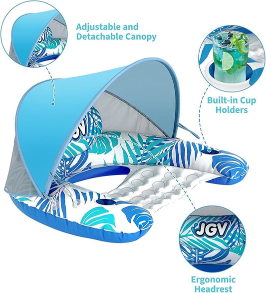 Pool Float for Adults with Canopy, XL Inflatable Chair Lounge Floaties with Adjustable Sun Shade Cover, Drink Holder, Ergonomic Headrest
