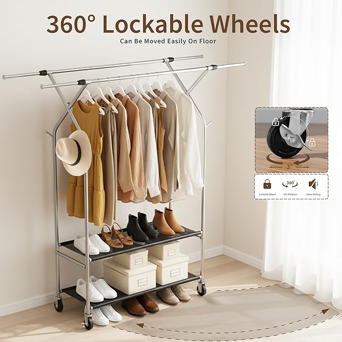 Heavy Duty Clothes Rack,Double Rods Clothing Rack for Hanging Clothes,Rolling Clothing Racks with Wheels,Metal Garment Rack for Bedroom Laundry Living Room,Light Silver