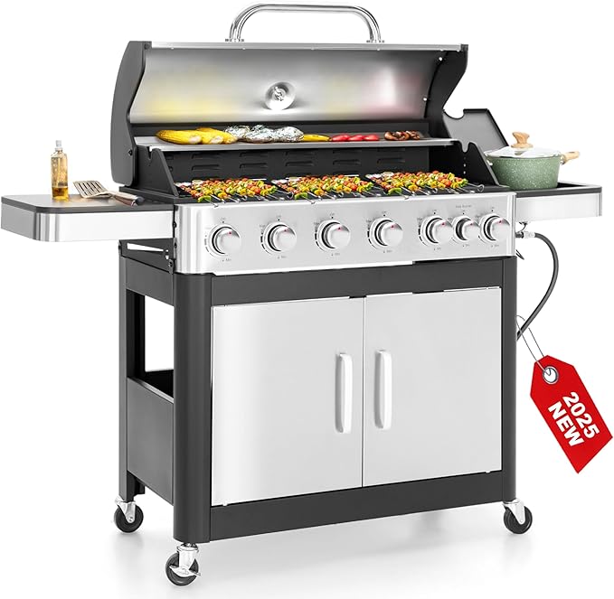 6 Burner Propane Gas BBQ Grill with Side Burner & Porcelain-Enameled Cast Iron Grate, 65,800 BTUs Barbecue Grill 665 Sq. In. Grilling Area, Outdoor Propane Grill for Camping Patio Backyard Cooking