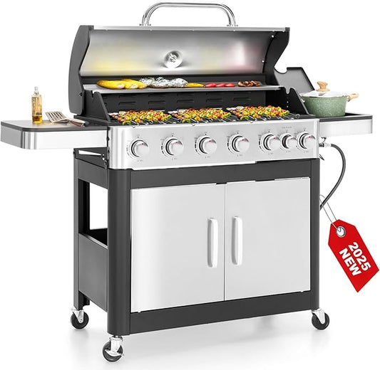 6 Burner Propane Gas BBQ Grill with Side Burner & Porcelain-Enameled Cast Iron Grate, 65,800 BTUs Barbecue Grill 665 Sq. In. Grilling Area, Outdoor Propane Grill for Camping Patio Backyard Cooking