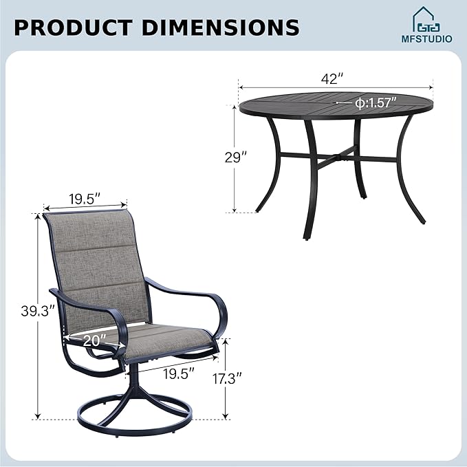 MFSTUDIO Outdoor Dining Set for 4，Round Patio Table and Chairs for Deck Backyard & Garden, 5 Piece Patio Dining Set with Swivel Chairs