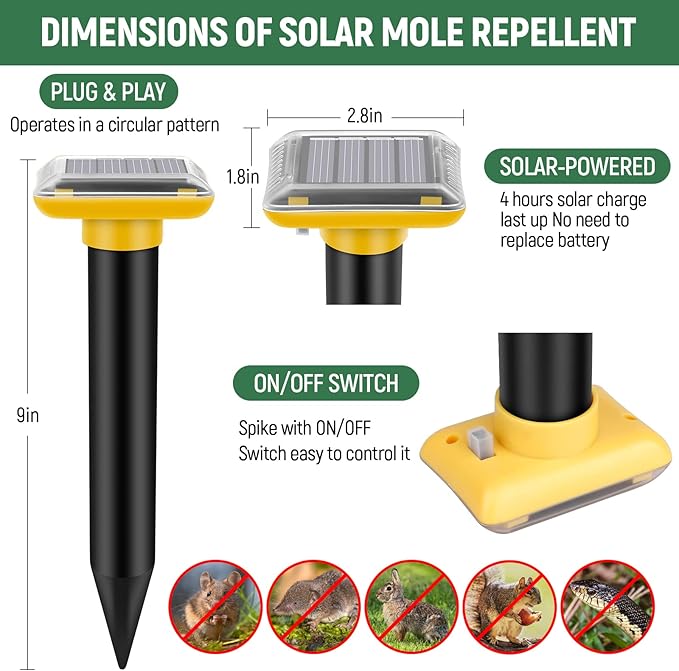 Mole Repellent Solar Powered,2025 Upgraded Gopher Repellent Ultrasonic Solar Powered,Vole Repeller Outdoor for Lawns Garden Yard,Gopher Trap Killer for Mole,Snake (Yellow,2 Pack)