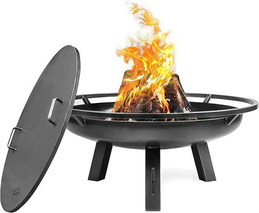 Ember 32" Handcrafted Cooking Steel Fire Pit with Cover Lid Attachment for Wood Burning Fireplace for Backyard Grilling Campfire for Camping, Large Outdoor Steel Firepit by Good Directions