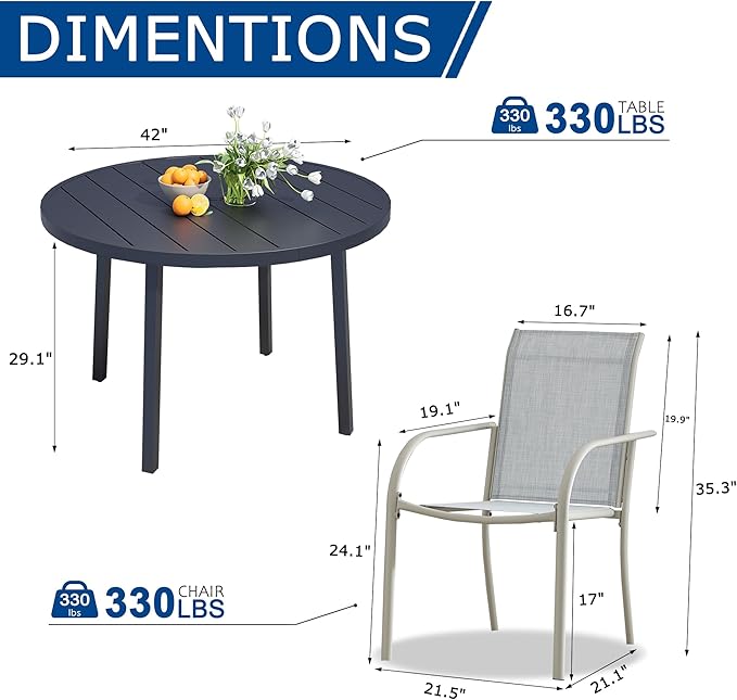 5 Pieces Patio Dining Set for 4, Beige Blue Patio Stackable Chairs and Black Round Table Set of 4, Outdoor Furniture Set with Sling Support for Outside, Garden