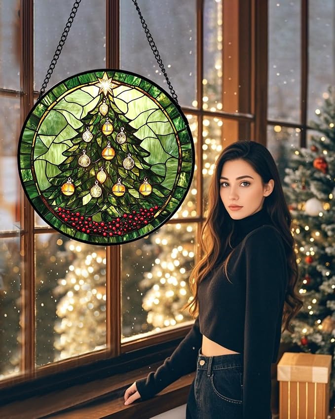 DASTOLL Stained Glass Window Hanging - Green Christmas Tree Golden Bells Suncatcher for Doors Home Christmas Decoration Sun Catcher Thanksgiving New Year Birthday Gift for Women Men Mom Nana 15 in