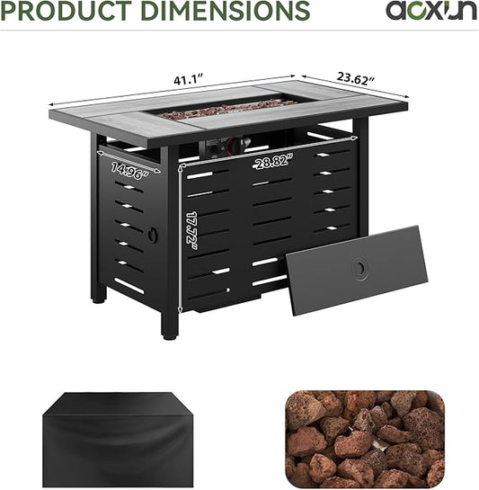 Aoxun 41 Inch Propane Fire Pit with Real Ceramic Tabletop, 50,000 BTU Gas Fire Pit Table with Removable Lid & Lava Rocks, Rectangle Firepit Table for Outside, Patio, Deck, Backyard, Black
