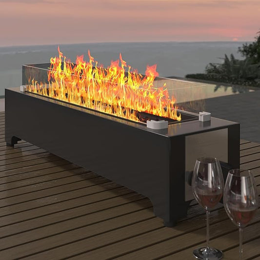 Tabletop Propane Fire Pit - 31.5 in, 40,000 BTU Rectangle Table top Fire Pit, Bowl w/Wind Glass Shield & Crystal Stone, Suitable for Outdoor, Patio, Balcony, Black