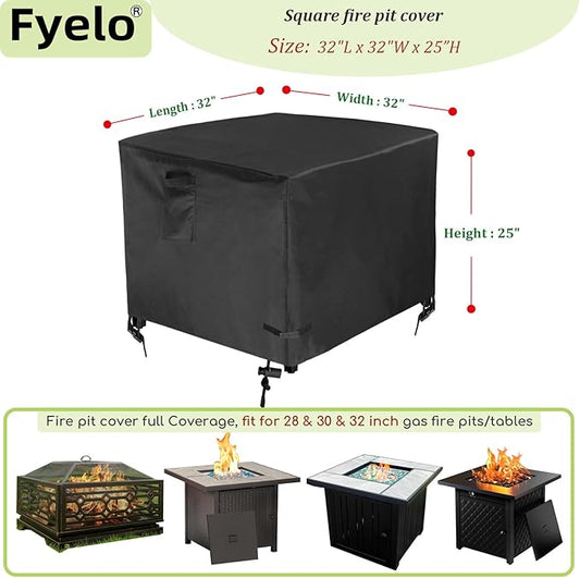 32 Inch Gas Fire Pit Cover for 28-32 Inch Square Fire Pit Tables, Heavy Duty 600D Waterproof & Windproof 32 x 32 x 24 Inches Patio Firepit Cover, Black