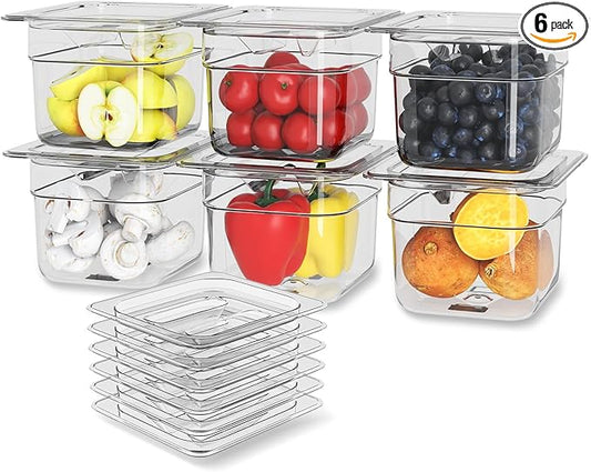 6 Pack Plastic Food Pan with Lid 1/6 Size 4 Inch Deep Restaurant Clear Food Storage Containers with lids Polycarbonate Commercial Hotel Pans for Fruits Vegetables Beans Corns (6 PCS, 4'' Deep)