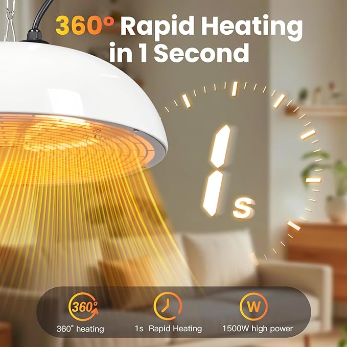 Infrared Electric Patio Heater, 1500W Outdoor Heaters for Patio with Overheat Protection,1500W Hanging Ceiling Mounted Infrared Patio Heater with IP55,Cord-Free Design (white)