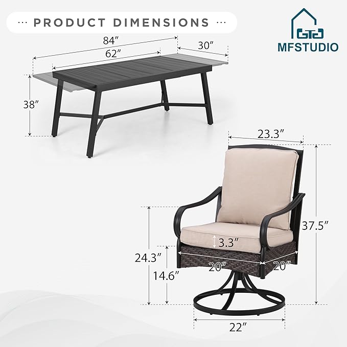 MFSTUDIO Outdoor Dining Sets with Swivel Chairs for 8, Expandable Patio Table and Chairs, Heavy Duty Patio Dining Set for 8, Metal Rectangular Table & Wicker Chair, Bakcyard, Porch