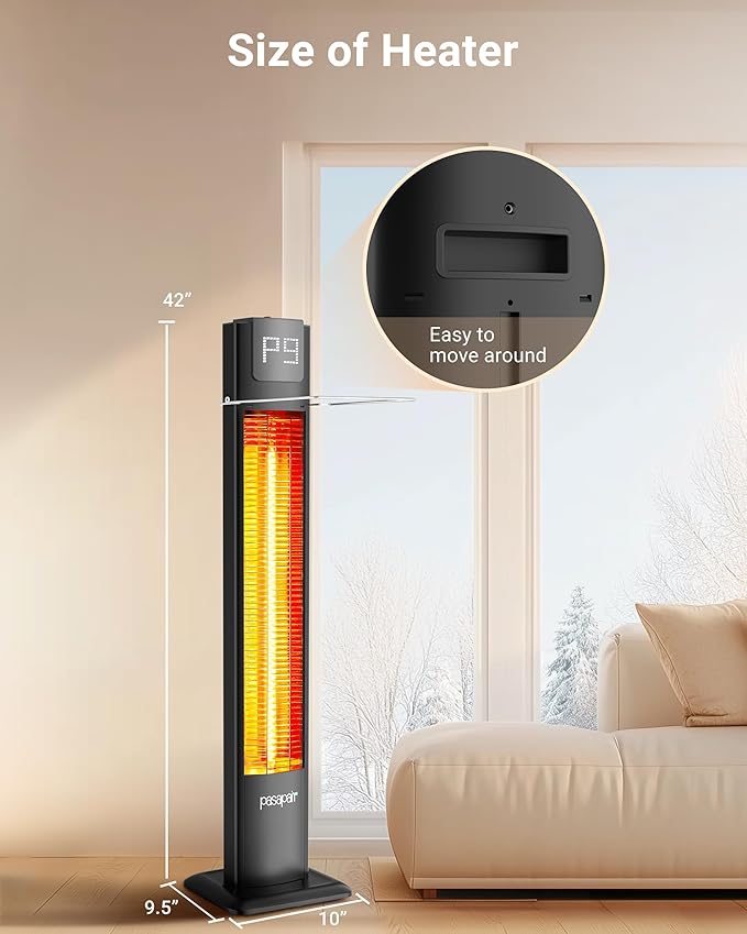Pasapair 42" Outdoor Patio Heater - 1500W Infrared Tower Heater with Remote 12 Heat Levels and 9H Timer - IP55 ETL Certified for Garage, Indoor, Porch