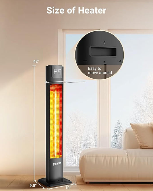 Pasapair 42" Outdoor Patio Heater - 1500W Infrared Tower Heater with Remote 12 Heat Levels and 9H Timer - IP55 ETL Certified for Garage, Indoor, Porch