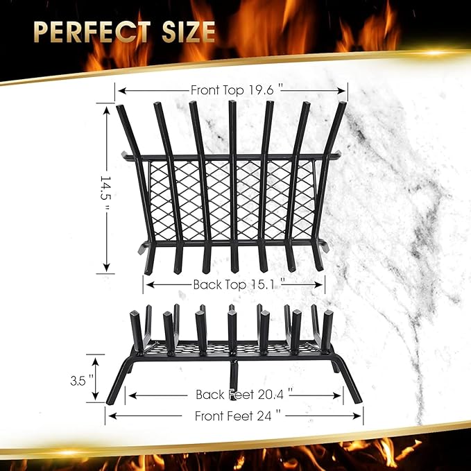 G GOOD GAIN Fireplace Grate with Ember Retainer, 24" Heavy Duty Cast Iron Indoor, Chimney Hearth Wood Stove Burning Rack Holder,1/2” Bar Fire Place Asseccories for Outdoor, Fire Pits, Camping