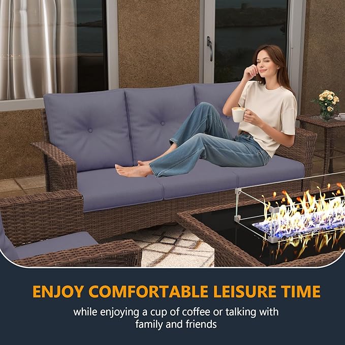 6 Pieces Outdoor Patio Furniture Set, Wicker Patio Sectional Set Conversation Wicker Swivel Chairs with Small Side Table