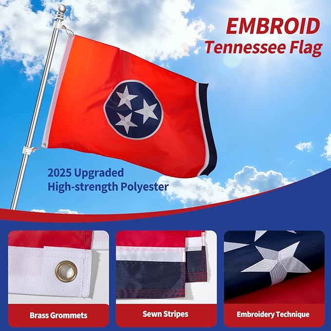 EMBROID Tennessee Flag 5x8,Tennessee State Flag Outdoor,Embroidery Technique,Tear Resistant,Sewn Stripes and Brass Grommets,Upgraded High-strength Polyester Fabric,All Weather Durable State Flags.